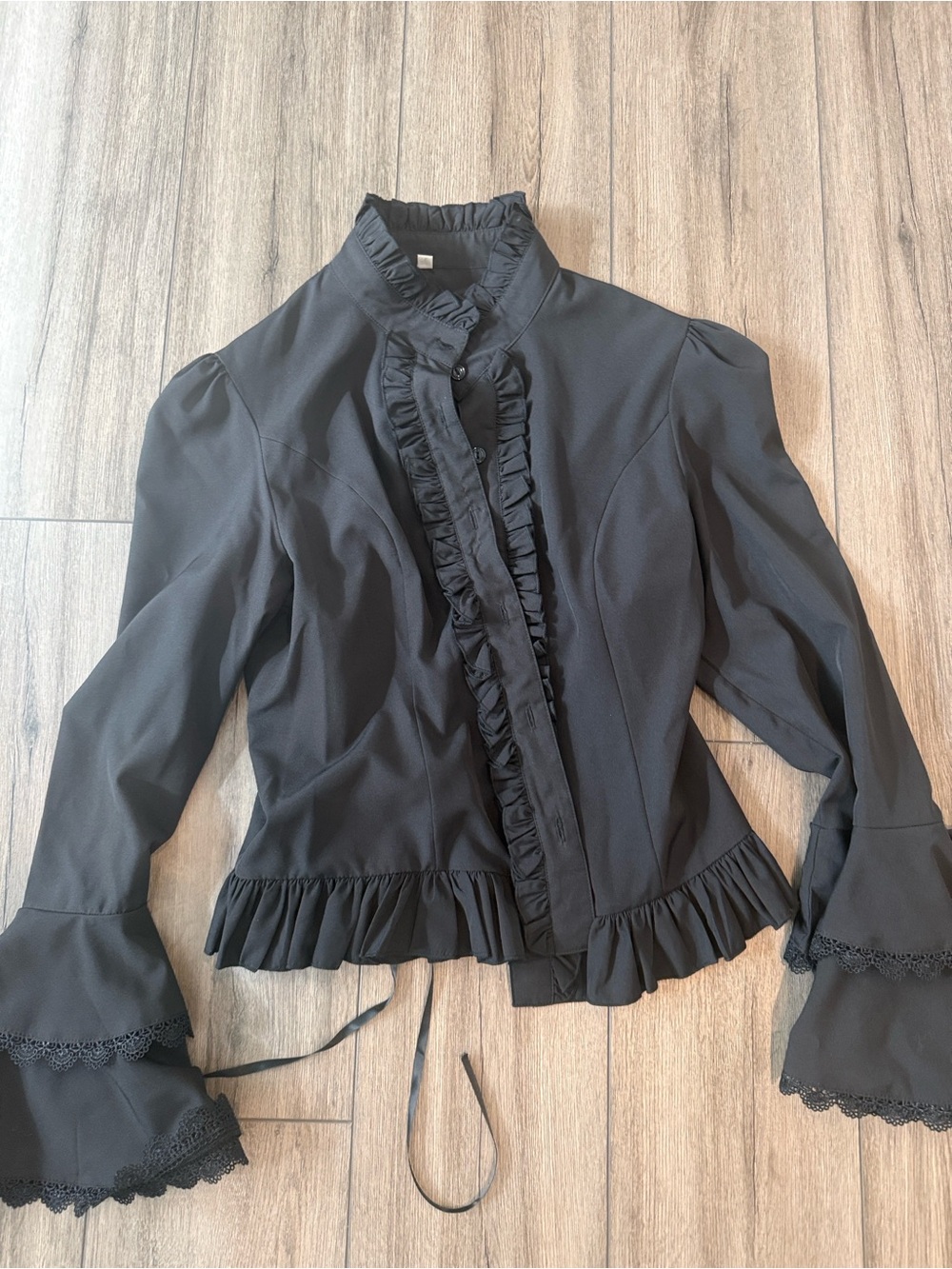 Black Ruffle-Front Victorian-Style Blouse